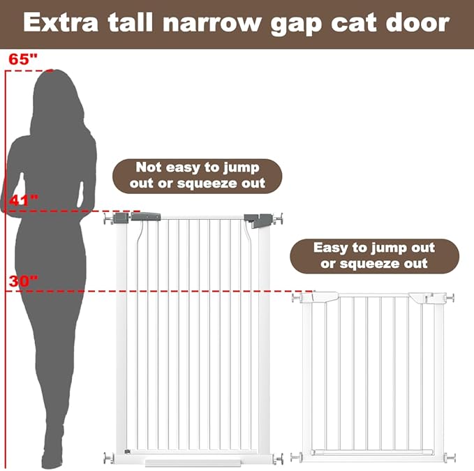 41" Extra Tall Baby Gate for Doorway, 65.8-72.2'' Metal Pet Baby Safe Gate, Extra Wide Pressure Mounted Cat Gate with Expansion Kit, No Drilling Cat Fence Indoor, Tall Dog Gate, White