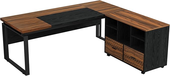 Tribesigns L-Shaped Executive Desk with Reversible File Cabinet, 63" Office Desk with Storage Drawers, L-Shaped Computer Desk with Drawer Cabinet for Hanging Letter Size Files (Brown+Black)
