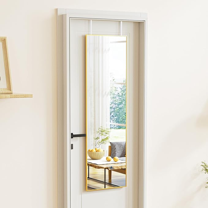 BEAUTYPEAK 16" x 50" Adjustable Height Over The Door Mirror, Full Length Hanging Door Mirror with Shatterproof Tempered Glass Aluminum Alloy Frame for Bedroom, Living Room, Bathroom, Dorm, Gold