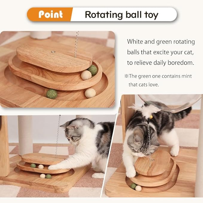 Wood Cat Tree for Large Cats, Modern Cat Tree Tower with Wide Shelves Cotton Scratching Posts, Super Sturdy Base, Cozy Perches, and Interactive Toys for Indoor Kittens 31-Inch
