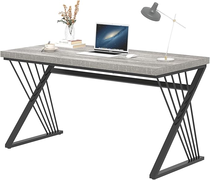 FOLUBAN Modern Desk, Rustic Wood and Metal Computer Desk for Home Office, Simple Study Writing Gaming Table for Bedroom Living Room, Light Grey, 53 Inch