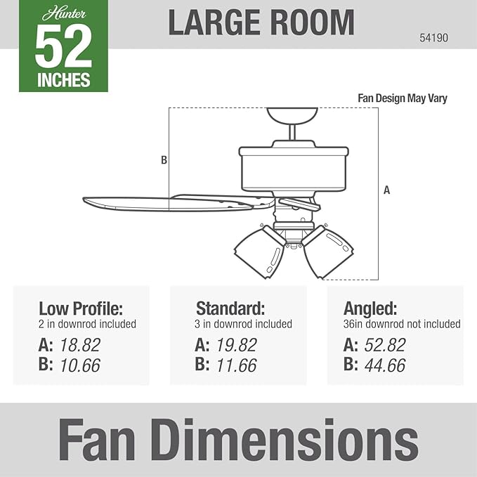 Hunter 52 inch Indoor Ceiling Fan with LED Lights and Remote Control - Standard Mount Ceiling Fan, 5 Blades, For Bedroom, Living Room, or Kitchen, Quiet - Bennett 54190, Brushed Nickel