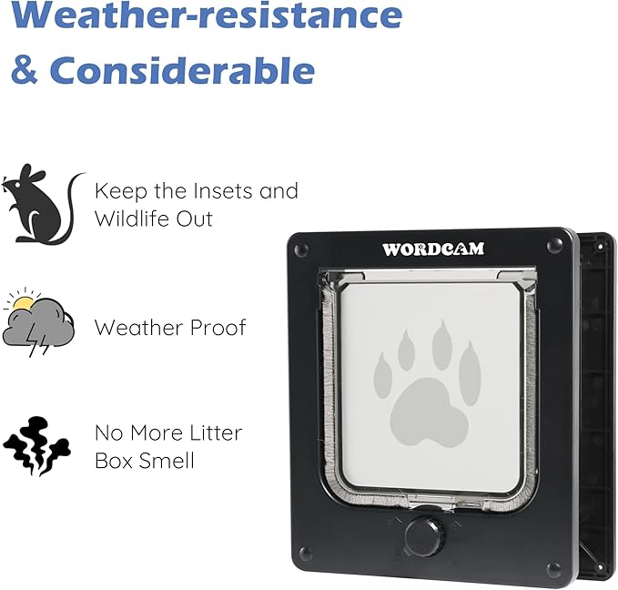 Wordcam Large Cat Door(Outer Size 10.7'' x 9.5''), Robust Cat Door for Interior Exterior Doors, 4 Way Lockable Cat Flap Door, Pet Door for Cats Kitty Kittens Doggies (Black, L)