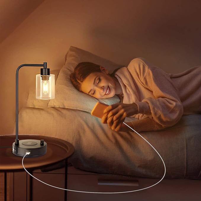 Industrial Table Lamp with Wireless Charing, Fully Stepless Dimmable Lamps Nightstand Lamps, Desk Lamp with Glass Shade Reading Lamp for Office Living Room (Black 02)