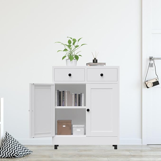 Metal Storage Cabinet with 2 Drawers and Adjustable Shelf, Sideboard Buffet Cabinet for Home, Office, Hallway, Entryway, Living Room, Kitchen Pantry and Dining Room (34.8" H, with Feet, White)