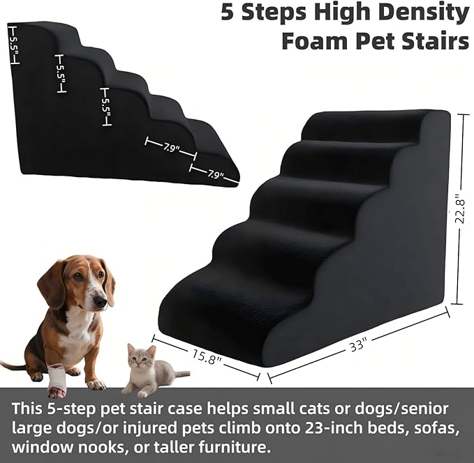 5 Step Pet Stairs Ramp for High Beds Sofas 5-30 Inch with Sturdy Non Slip Waterproof Pads, Machine Washable Cover Indoor Balanced Design for Cats Dogs Small Medium Large XL Pets Grey (Black, Large, 1)