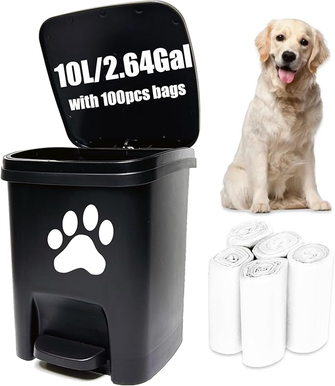 tebiete Dog Poop Waste Bag Container Dog Poop Trash Can Outdoors Pet Waste Station with Lid Dog Waste Disposal Container Bin Bucket Hands-Free Pedal Garden Yard Home with 100pc Waste Bags, Black