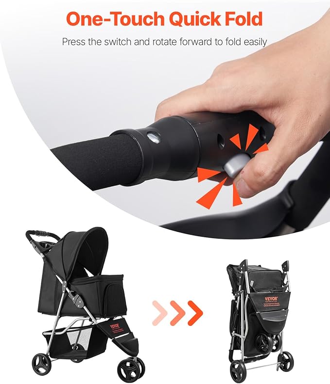 VEVOR Pet Stroller, 35 lbs Weight Capacity, Foldable Dog Cart, 3 Wheels Cats Carts with Mesh Windows and Cup Holders, Portable Pet Carrier Stroller with Brake, for Small to Medium Pets