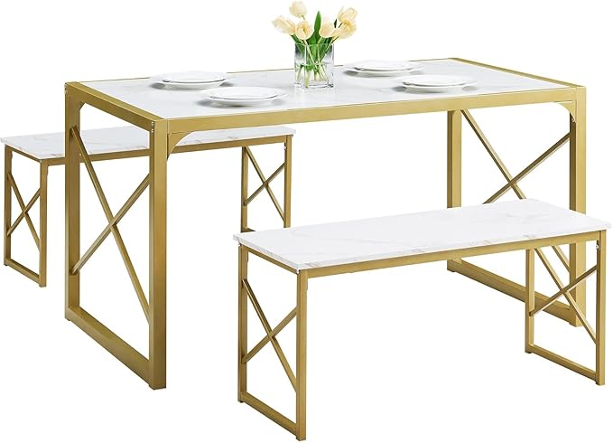 VECELO Kitchen Dining Table Benches Set for 4, 55" Wooden Dinette with 2 Benches, Heavy-Duty Dining Room Table for Small Space, Breakfast Nook, Gold