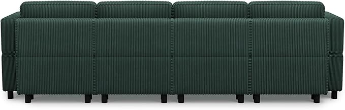 114.2" 5 Seater Modular Sofa with Deep Storage Seat,Corduroy Convertible L Shaped Sectional Couch,Modular Couch with Movable Ottoman Chaise,Upholstered Sectional Couches for Living Room,Green