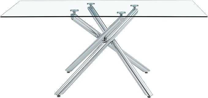 Modern Glass Dining Table for 6-8,Rectangular Glass Kitchen Table with Tempered Glass Tabletop and Silver Chrome Metal Legs for Kitchen Dining Room (Silver)