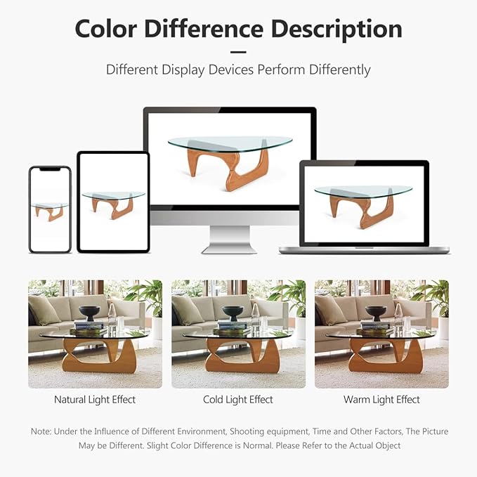 Noguchi Triangle Glass Coffee Table with Solid Wood Base, Vintage Clear Glass Top Modern Design for Living Room, Patio, Study, Light Walnut