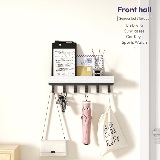 SWTYMIKI Key Holder Wall Mount - Wooden Key Hooks for Wall with Mail Organizer & 6 Hooks, 2 Installation Ways Key Hanger, Key Rack with Shelf for Entryway Living Room Bedroom Office Home Decor White