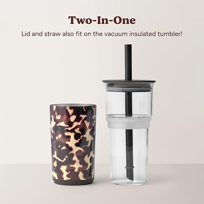 REDUCE Aspen 20 oz Vacuum Insulated Glass Tumbler with Lid & Extra Wide Straw - Keeps Drinks Cold for 12 Hrs - Ideal for Iced Coffee, Smoothies & Boba - Dishwasher Safe, Soft Base - Blonde Tortoise