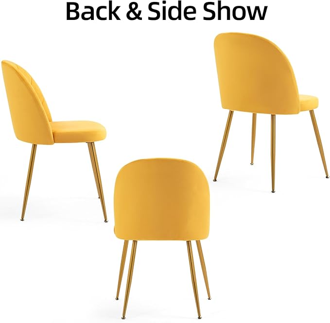 Velvet Dining Chairs Set of 6, Upholstered Mid Century Modern Dining Chairs, Armless Accent Chair with Metal Gold Legs for Living Room, Kitchen, Dining Room, Yellow