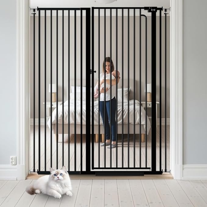57" Extra Tall Cat Gate for Doorways 43.31'' - 48.03'' Wide Pet Gate Indoor, Pressure Mounted Walk Through Safety Metal Gates for Stairs, Extra Wide Baby Gaye for Child Kids Puppy Dogs Cats (Black)