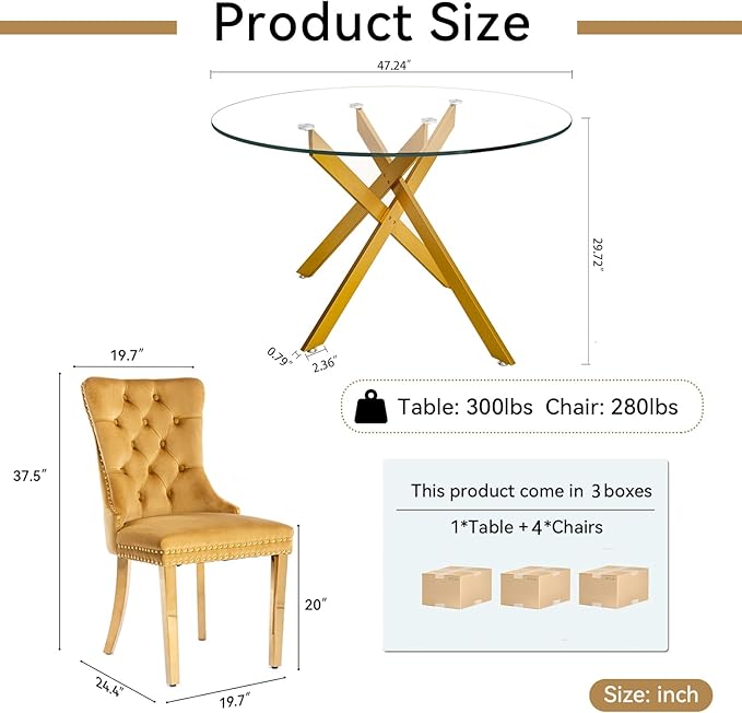 Goujxcy Round Dining Table Set for 4, Modern Glass Kitchen Table and Chairs Set of 4, 5-Piece Dining Room Table Set w/47 Circle Gold Glass Dining Table and 4 Upholstered Velvet Chairs