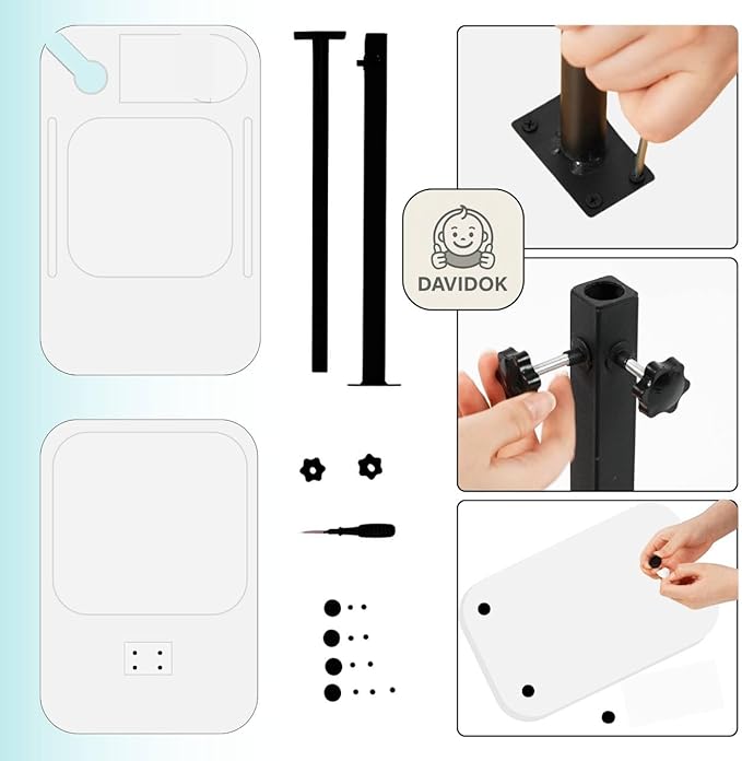 DAVIDOK C-Shaped Sofa End Table, Adjustable Height Couch Side Table with Device Slot, White Color with Black Metal Stand, Couch Table for Living Room, Bedroom