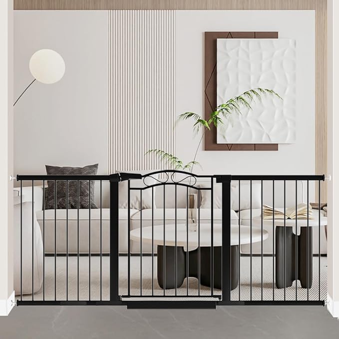 70.9"-76.3" Extra Wide Baby Gate for Stairs & Doorways, Pressure Mount Metal Pet Gates, Auto Close Walk Thru Safety Child Gate, Long Tension Dog Gate Indoor for The House, Black