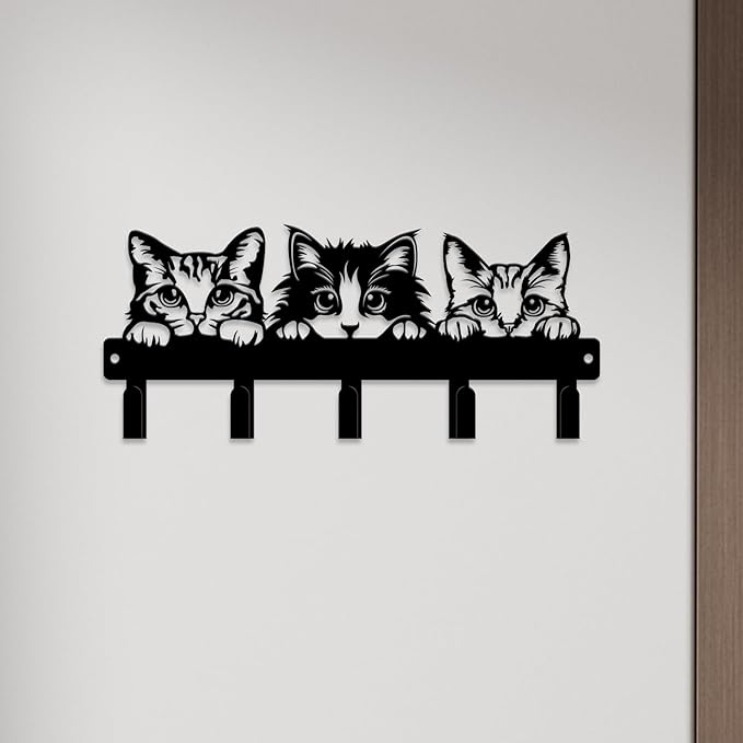 magilab Cat-Themed 10-Inch Iron Key Hooks with 5 Hooks, Black Wall Organizer - Cute Cat Design for Home Decor, No Drill & Screw-in Options (Style A)