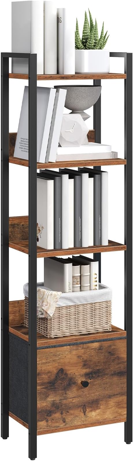 Bookshelf, 5-Tier Bookcase with Drawer, Small Book Shelf for Small Space, Storage Shelf Organizer, for Living Room, Bedroom, Study, Kitchen, Rustic Brown and Black BKHR55101