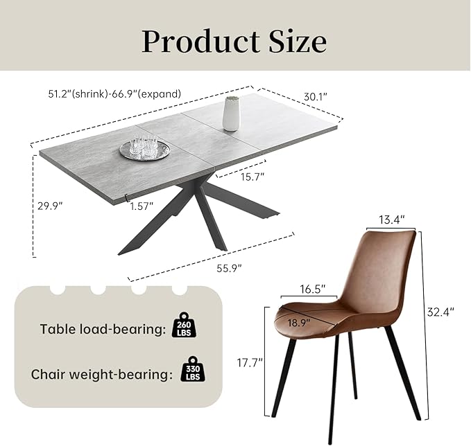 ZckyCine Extendable Dining Table Set for 6-8, 51"-67" Modern Rectangular Kitchen Table with 6 Chairs, Space-Saving Expandable Dinner Table with Sturdy Metal Frame for Dining Room & Apartment Decor