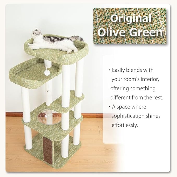 53'' Wooden Cat Tree Tower for Indoor Cats, Modern Natural Wood Cat Furniture with Cozy Beds, Scratching Post and Clear Hammock for Kittens and Adult Cats (Green 53'')