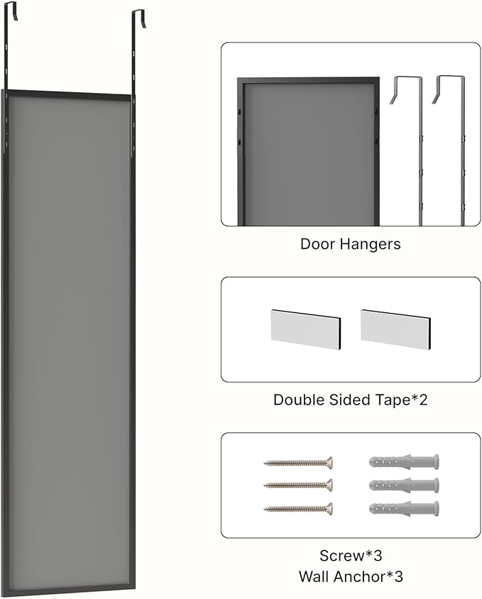 Kosmonia 48x14 Inch Full Length Tempered Glass Door Mirror - Over The Door Hanging, No Drill Installation, Suitable for Bedroom & Closet, Sturdy Hanging Design