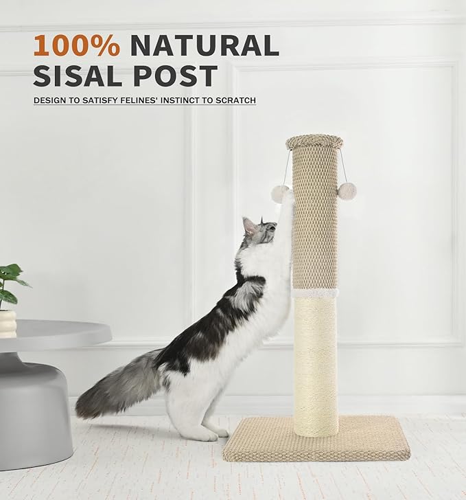 Made4Pets Tall Cat Scratching Post, Heavy Duty and Thicker Scratching Posts for Indoor Cats Adults, 33" Natural Sisal Cat Scratcher with Hanging Balls, Sturdy Base Cat Scratch Post, Beige