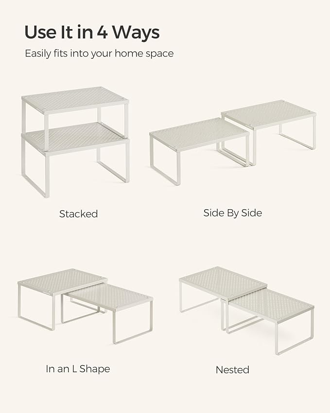SONGMICS Spice Racks, Set of 2 Metal Cabinet Shelf Organizers, Countertop Organizers, Shelf Risers, Stackable, Expandable, Oatmeal Beige UKCS001K01
