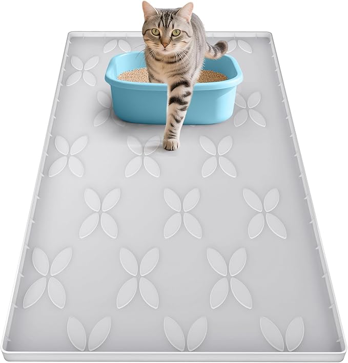 Cat Litter Mat, Large 34" x 22" Litter Box Mat, Waterproof Silicone Litter Mat for Litter Box, Non-Slip, Easy to Clean (Light Grey)