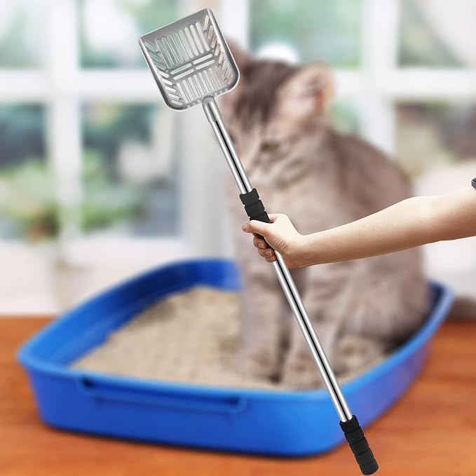 32 Inch Cat Litter Scooper Metal Long Handle with Cat Litter Scoop Holder Deep Kitty Sifter Shovel Detachable Stainless Steel Poop Sifter Scooper Caddy Kitty with Box(Gray)