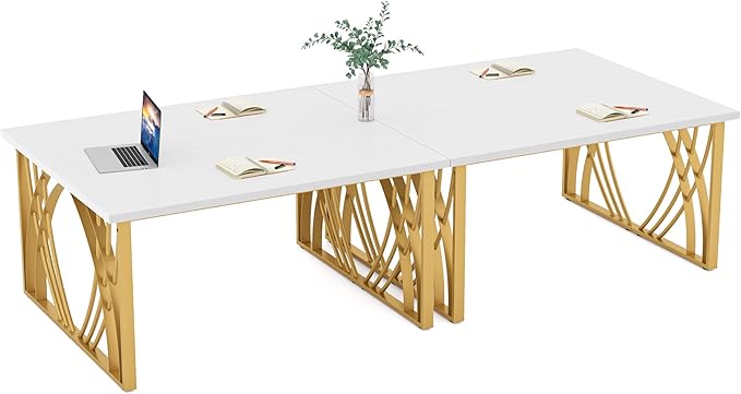 LITTLE TREE 55’’ Large Modern Computer Desk, White & Gold Luxury Laptop PC Student Table, Makeup Vanity Table with Thick Frame & Strong Legs, Sturdy Writing Workstation for Home & Office