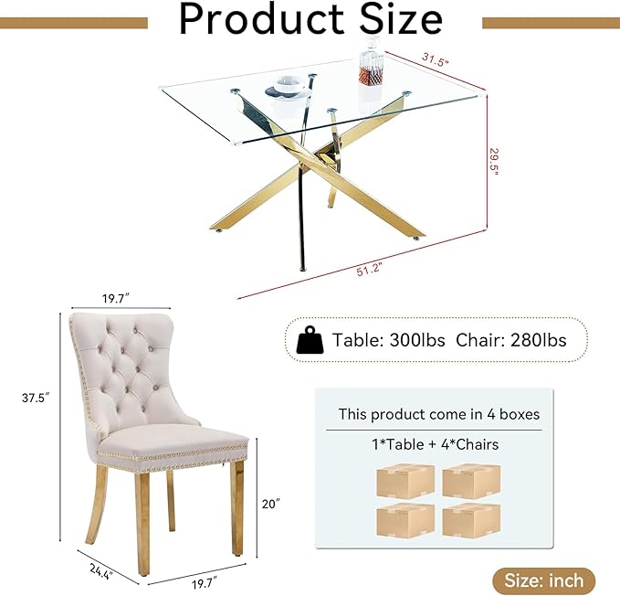 Goujxcy 51" Glass Dining Table Set for 4, Modern Kitchen Table and Chairs Set w/Steel Legs, 5-Piece Dining Table Set w/Glass Gold Dining Table and 4 Beige Velvet Chairs for Kitchen Dining Room