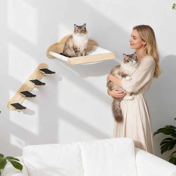 XiaZ Cat Wall Hammock Mounted Bed with 4 Climbing Steps, Modern Cats Shelves and Perches up to 30lbs, Wooden Kitten Wall Furniture for Indoor Sleeping, Playing, Climbing and Lounging