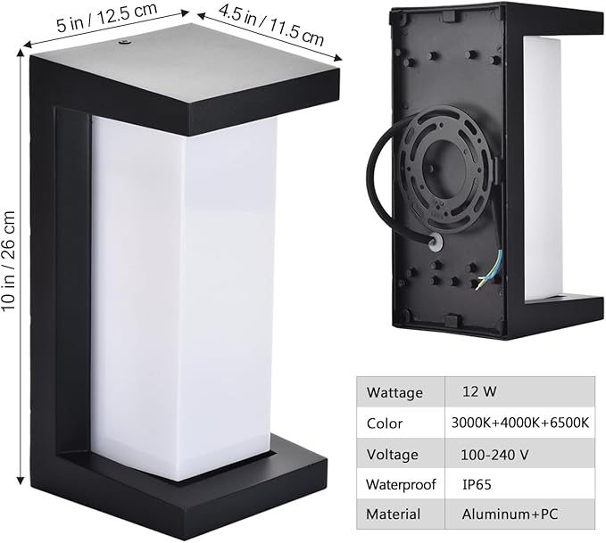 wowlite Exterior Lighting Fixtures 1 Pack, 12W Outdoor Wall Lights 3000k 4000k 6500k 3 Colors Changeable, Modern Outdoor Light Fixture Aluminum LED Front Porch Light for House Patio Front Door