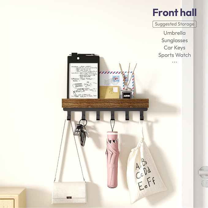 SWTYMIKI Key Holder Wall Mount - Wooden Key Hooks for Wall with Mail Organizer & 6 Hooks, 2 Installation Ways Key Hanger, Key Rack with Shelf for Entryway Living Room Bedroom Office Home Decor Brown