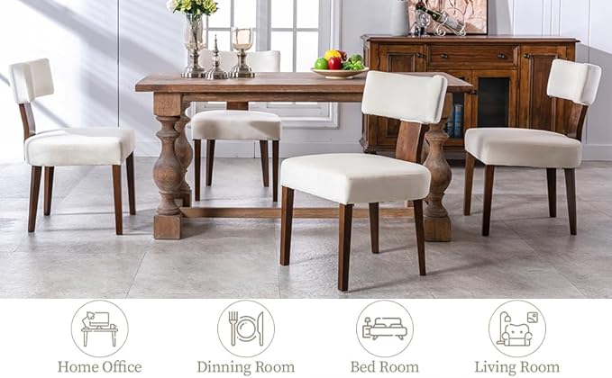 Upholstered Dining Chairs Set of 6, Modern Wooden Kitchen Chairs Fabric Side Dining Room Chair Farmhouse Dinner Chair for Kitchen Dining Room, Cream