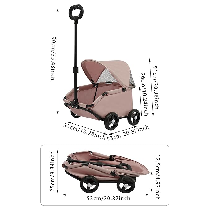 Small Dog Stroller, Pet Stroller for Shopping Walking, 4 Wheels Folding Dog Cart, for Cats/Dogs Weighing Less Than 15.43 Pounds (Pink)