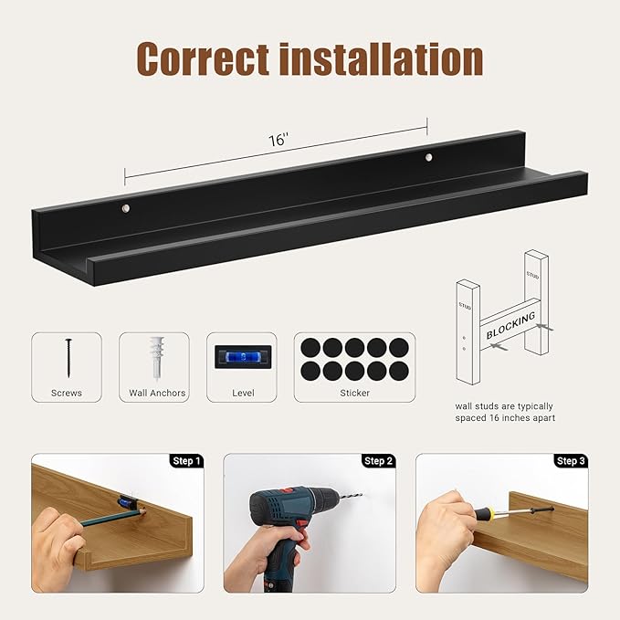 Heimlove Floating Shelves Set of 6, 24" Wall Mounted Picture Ledge, Display Shelf Organizer for Decor Storage, Wall Mounted Shelves for Living Room, Bedroom, Bathroom, Kitchen (Black)