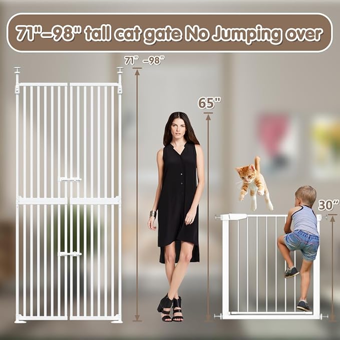 71" High Extra Tall Cat Gate, 34-36 Inch Tall Pet Gates, Auto Close Kitten Safety Gates, Double Pet Door for Doorway, Indoor Pet Barrier, No Drilling, Cats Proof Gate, Kitchen