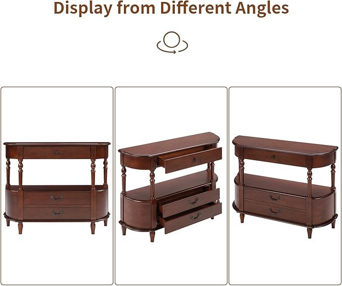 HMFULE Solid Wood Retro Curved Console Table, 43" Half Moon Console Table Sofa Table Entryway Table with 3 Drawers Open Shelf Pine Roman Legs Curved Corners for Living Room,Entryway,Hallway,Cherry