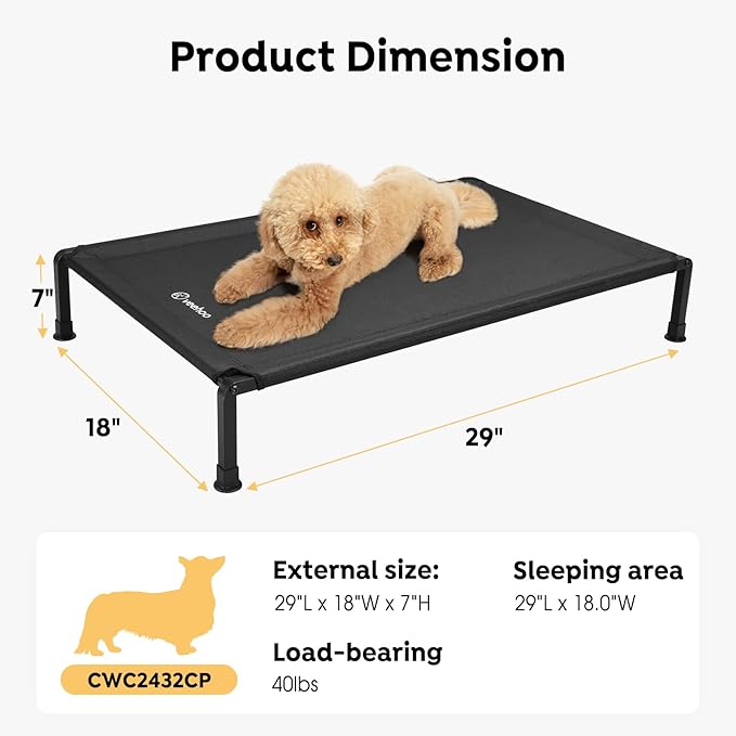Veehoo Heavy Duty Elevated Dog Bed - Raised Dog Cot with Washable & Breathable Teslin Mesh, Non-Slip Silicon Feet, Cooling for Indoor or Outdoor Use, 29" x 18", Black