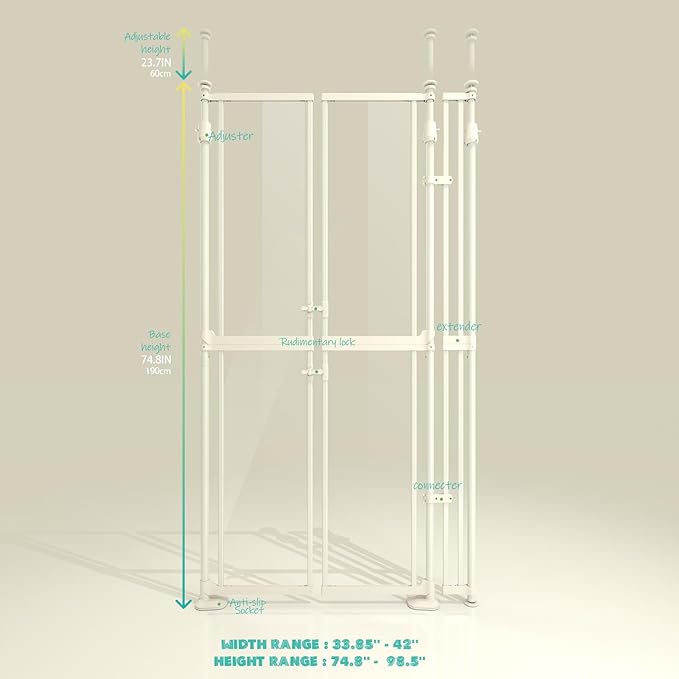 74" High Extra Tall Cat Gate,33.85-42" Wide Opening.Auto Closing and No Drilling Pressure Mount Design,Tall Dog Gates for Doorway, Stairs, House, Innovation Double Opening Pet Gate,Transparent,White
