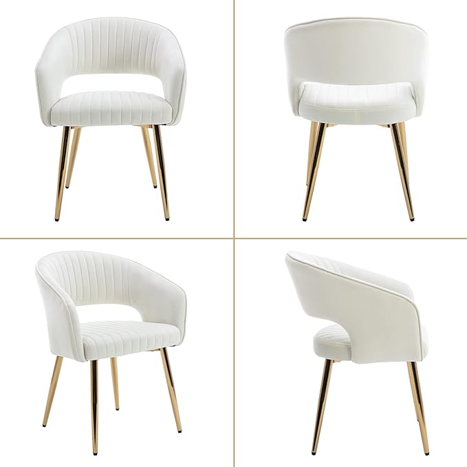 Modern Velvet Dining Chairs Set of 8, Upholstered Gold Dining Room Chairs with Hollow Back, Accent Armrest Kitchen Chairs with Gold Legs for Living Room Reception Beige