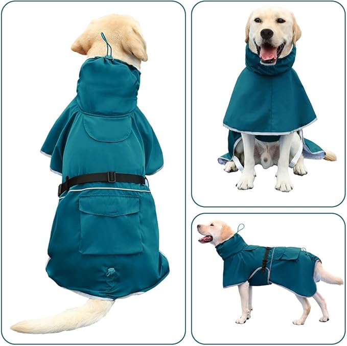 Waterproof Dog Raincoat Adjustable Dog Hooded Slicker Poncho Raincoat for Medium Large Dogs, Reflective Dog Rain Jacket(Blue, 5XL)