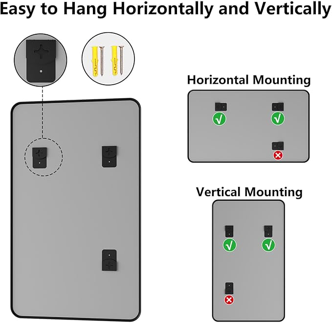 Koonmi Bathroom Mirror, 36X60 Brushed Black Metal Framed Wall-Mounted Mirror for Over Sink, HD Tempered Glass, Anti-Rust, Rounded Rectangle Mirror for Restroom, Bedroom, Hangs Horizontal or Vertical