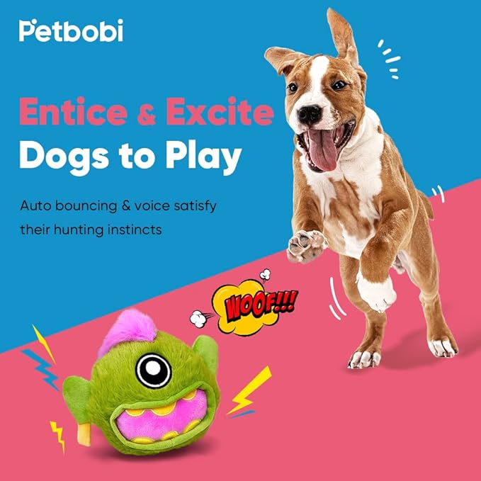 Petbobi Interactive Dog Toys Monster Active Ball for Dogs with Batteries, Self Moving Balls and Plush Cover for Small & Medium Dogs to Chase, Dog Toy Squeaky Crazy Bouncer Ball, Rock Bobby
