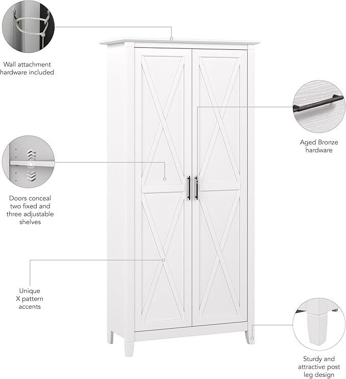 Bush Furniture Key West Tall Storage Cabinet with Doors and Shelves in Pure White Oak, 2 Door Organizer for Home Office, Living Room, Entryway