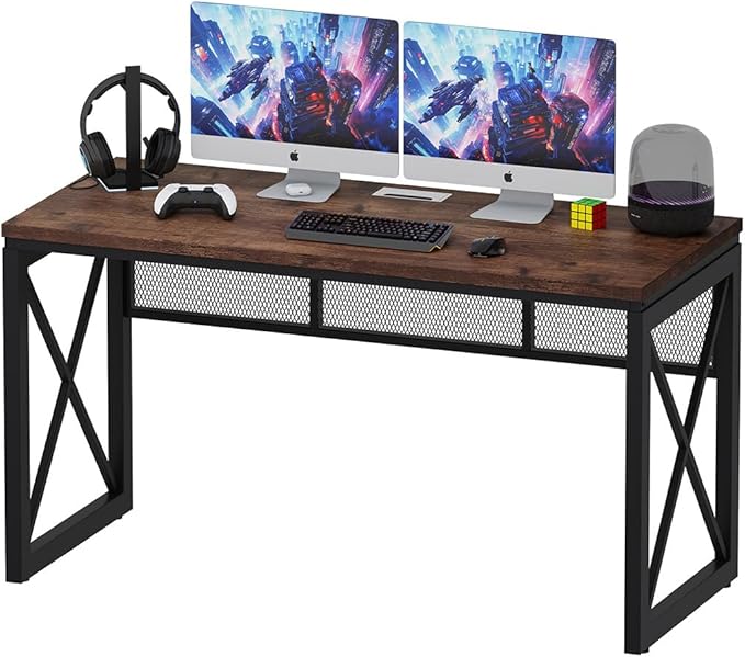 BON AUGURE Farmhouse Computer Desk, Modern Industrial Home Office Desks, Wood Metal Study Writing Table, Sturdy Gaming Desk (Rustic Oak, 54 Inch)